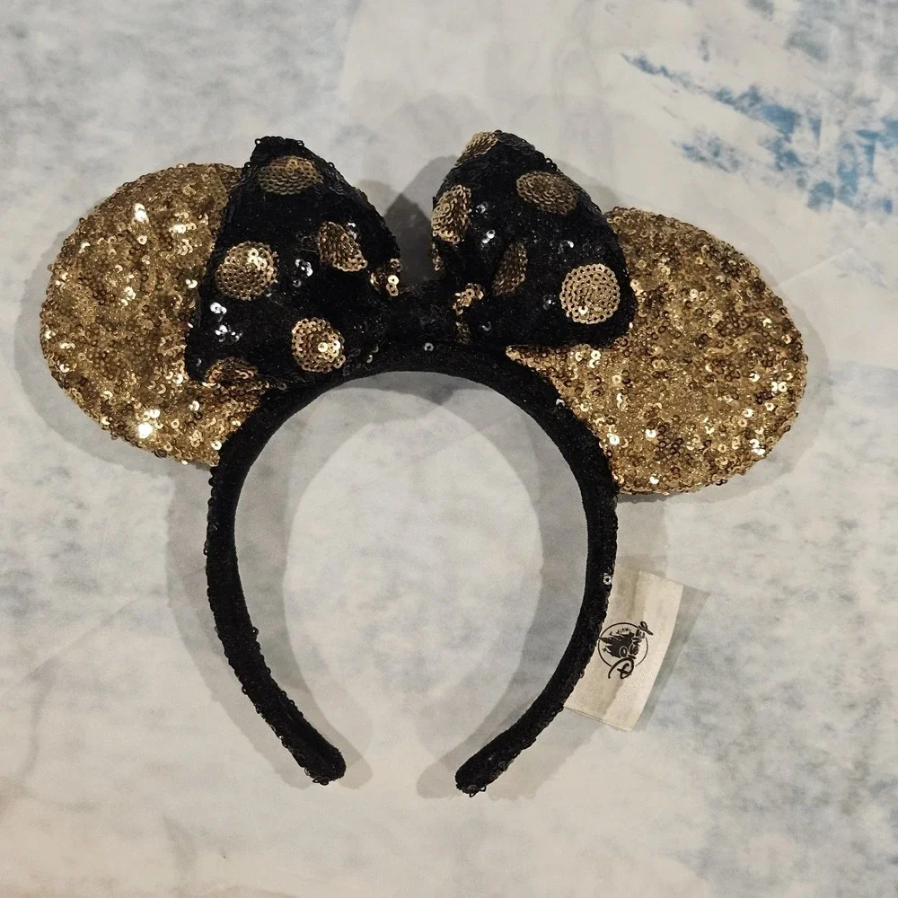 Disney Parks Black Gold Sequin Minnie Mouse Ears‎ Headband Adult
